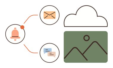 Bulut simgesi, resim küçük resmi, çan bildirimi, e-posta ve satırlara bağlı sohbet baloncukları. İletişim, işbirliği, organizasyon ve mesajlaşma veri paylaşımı için idealdir