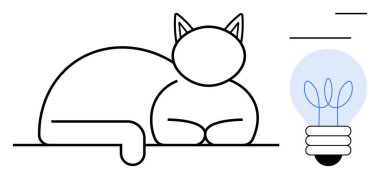 Dinlenen kedi, filizlenen elementlere sahip bir ampulün yanındaki düz çizgi sanatında resmedildi. Yaratıcılık, yenilik, basitlik, farkındalık, rahatlama, ilham ve tasarım kavramları için idealdir. Temiz
