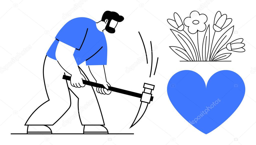 Man using a pickaxe, adjacent to blooming flowers and a blue heart. Ideal for themes of hard work, passion, growth, care, nature, creativity, and a simple landing page