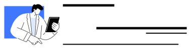 İş kıyafeti giymiş bir adam elindeki verileri gösteren bir tableti inceliyor. Takım çalışması, strateji, planlama, analiz, araştırma, teknoloji dijital sektörü için ideal. Minimalist basit düz metafor