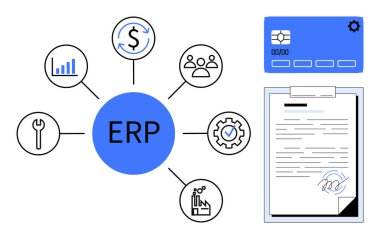 Merkezi ERP merkezi finans, takım yönetimi, analitik ve iş akışı ikonlarına bağlı. Kart ve imzalı belge sistem kapsamını genişletir. İş, yönetim, süreç ve verimlilik için ideal