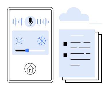 Smartphone ekranında ses asistanı, klima kaydırıcı ve bulut depolanmış belgeler var. Otomasyon için ideal, teknoloji, akıllı ev, IOT, bulut depolama sürdürülebilirliği basitliği. Düz