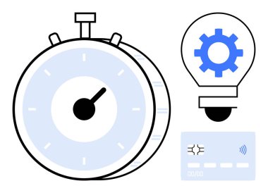 Kronometre zaman verimliliğini vurgular, ampuldeki dişli yeniliği simgeler ve kredi kartı da mali işlemleri yansıtır. Teknoloji için ideal, üretkenlik, problem çözme, iş