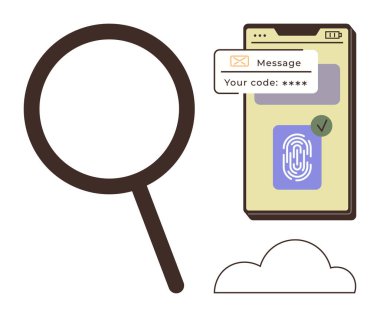 Akıllı telefon ekranında bir mesajda şifreli parmak izi doğrulaması, büyüteç ve bulut var. Güvenlik, kimlik denetimi, giriş, veri gizliliği, kimlik ve teknoloji erişimi için ideal
