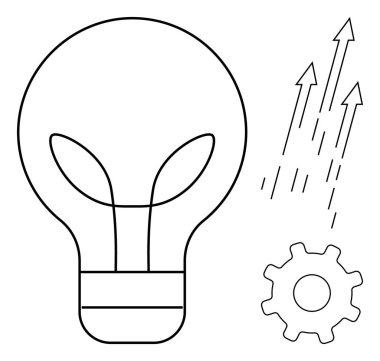 İçinde bitkisel tasarım olan ampul, yukarı doğru üç ok ve bir dişli. Yenilik, büyüme, başarı, strateji, teknolojik gelişim sürdürülebilirliği için idealdir. Basit düz metafor