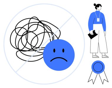 Üzüntülü yüzün yanına karalanmış karalamalar, elinde belge tutan kadın, kurdele ikonu. Netlik, odaklanma, akıl sağlığı, problem çözme, verimlilik desteği için idealdir. Basit düz metafor