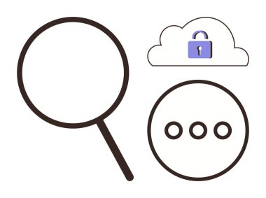 Büyüteç, kilitli güvenli bulut ve elips simgeleri veri araması, siber güvenlik, mahremiyet ve iletişimi iletir. Teknoloji, araştırma, güvenlik analiz bağlantıları için ideal