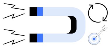 At nalı mıknatısı enerjiyi çekiyor, ok hedefi vuruyor, ve dönüş döngüsü. Ticari büyüme, cazibe, başarı, hedefler, strateji döngüleri pazarlama için idealdir. Basit düz metafor