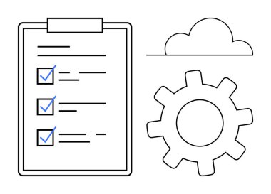 İşaretli görevlerin olduğu bir pano, bir vites sembolü ve bir bulut. Üretkenlik, görev yönetimi, bulut hesaplama, iş akışı optimizasyonu, planlama, basit düz metafor stratejisi için ideal