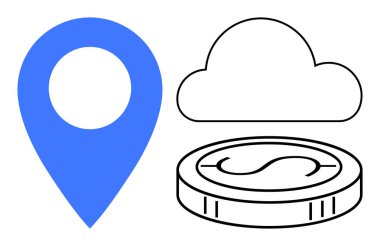 Mavi lokasyon iğnesi, ana hatlı bulut ve dolar işaretli para çevrimiçi işlemleri, küresel bağlantıyı simgeliyor. Navigasyon için ideal, bulut depolama, finans, e-ticaret, yatırım fintech basit