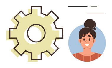 Gülümseyen kadın avatarıyla bağlantılı olan teçhizat kullanıcı kişiselleştirme, optimizasyon, işbirliği, yönetim, arayüz, iş akışı, tercihler için bir metafor. Teknoloji, HR veya iş akışı kavramları için idealdir