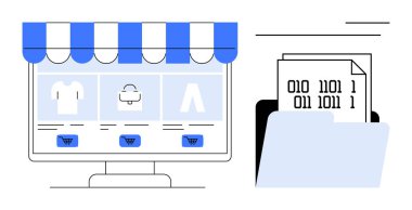 Masaüstünde alışveriş simgeleri ve ürün ekranıyla birlikte, ikili kodlu dosyaların dijital diziniyle eşleştirilmiş bir e-ticaret web sitesi. Çevrimiçi alışveriş, veri depolama, teknoloji, kodlama, e-ticaret için ideal