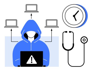 Mavi kapüşonlu bilgisayar korsanı uyarı ikonu, bağlı bilgisayarlar, aciliyeti simgeleyen saat ve steteskop kullanıyor. Siber güvenlik, veri sızıntısı, hackleme, zaman yönetimi ve teknoloji için ideal