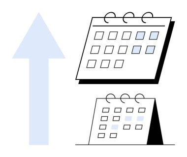 Masa ve duvar takvimlerinde yukarı doğru ok ile işaretlenmiş tarihler var. Zaman yönetimi, zamanlama, hedef belirleme, üretkenlik, planlama, kariyer büyümesi için ideal, basit düz metafor