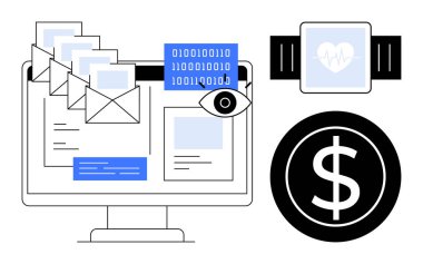 E- postaları olan bilgisayar ekranı, ikili kod, göz takip sembolü, kalp atış hızını gösteren akıllı seğirme ve bir dolar simgesi. Teknoloji, finans, iletişim, sağlık veri analizi güvenliği için ideal