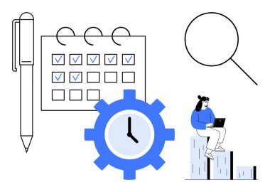 Kontrol işaretli takvim, kalem, saat, büyüteç ve veri analiz eden kişi. Zaman yönetimi, görev zamanlaması, hedef ayarlama, veri analizi verimlilik verimliliği basit düz çalışma düzlüğü için ideal