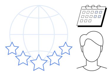 Beş yıldızlı dünya, insan profili taslağı, tarihli takvim. Markalaşma, itibar, planlama, planlama, profosyonellik, küresel bağlantı için ideal. Basit düz metafor