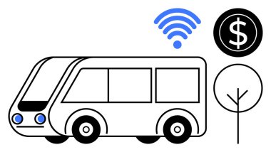 Kablosuz bağlantıya sahip elektrikli otobüs, maliyet için dolar işareti ve çevreci dostluğu vurgulayan ağaç. Sürdürülebilirlik için ideal, akıllı şehirler, hareketlilik, ulaşım, teknoloji, yenilik için basit