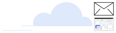 Bulut şekli, e-posta zarfı ve web arayüzü dijital depolama, bağlantı ve çok yönlülüğü vurguluyor. Teknoloji, iletişim, veri paylaşımı, bulut depolama e-posta servisi yeniliği için ideal