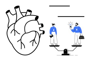 Fikirleri ve kararları tartışan iki kişinin yanında anatomik kalp. Sağlık, psikoloji, denge, eşitlik, karar verme, duygusal zeka ve liderlik için ideal. Basit düz