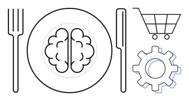 Yaratıcılığı, karar verme mekanizmasını, tüketici davranışını, yenilikçiliği, pazarlamayı, stratejiyi ve bilgiyi basit bir düz metaforda temsil eden çatal bıçak, alışveriş arabası ve teçhizatlı bir tabağın üzerindeki beyin.