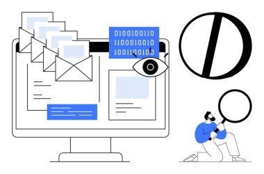 E-postalar, ikili kod ve bilgisayar ekranında göz. Büyüteçle incelenen kişi siber güvenliği, veri korumasını, mahremiyeti, kötü amaçlı yazılım tespitini, iletişimi ve bilişim sistemlerini simgeler.