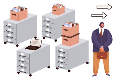 Dosya dolabının yanında evrak ve kutularla dolu bir çanta taşıyan bir adam. Dizüstü bilgisayar, yön gösteren oklar. Kariyer değişimi, taşınma, organizasyon, iş akışı için ideal