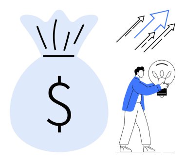 Para çantası zenginliği simgeler, büyümek için yukarı doğru oklar, elinde ampul tutan kişi yeniliği simgeler. Finans, yenilik, girişimcilik, başarı, problem çözme, yatırım için ideal