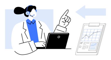 Diz üstü bilgisayar ve kulaklıkla temsilciyi destekleyin, yukarı doğru giden bir grafiği gösteren bir panoya doğru hareket edin. Ticari başarı, iletişim, veri analizi, takım çalışması, eğitim ve planlama için ideal