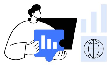 Yapboz parçası elinde tutan kişi. Küresel bir sembol. Büyüme çubukları, veri iletimi, analitik, takım çalışması, yenilik. İş ve analiz stratejisi için ideal küresel planlama