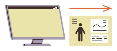 Kişisel detayları, satır grafiği ve metin elemanlarını içeren profil çizelgesine bağlanan oklu bilgisayar ekranı. Teknoloji, ağ, iletişim, veri, analiz, transfer için ideal