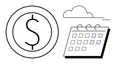 Dolar işaretli sikke ve aylık takvim bulutların altında. Finans, bütçe, planlama, gelir, teslim tarihleri, verimlilik, tasarruflar için ideal. Basit düz metafor