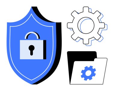 Kilitli kalkanlar güvenliği simgeler, sistem süreçlerini temsil eden dişliler ve organize veriler için klasör. Güvenlik, teknoloji, bilişim, yazılım, veri yönetimi, organizasyon düz metaforu için ideal
