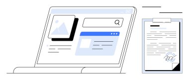 Bilgisayarda arama ve içerik arayüzünü imzalı bir belgeyle birlikte gösteren bir pano. Dijital iş akışı, üretkenlik, e-imza, belge yönetimi, çevrimiçi araçlar, uzaktan çalışma için ideal