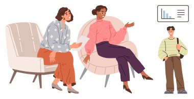 Konuşan iki kadın, modern sandalyelerde oturmuş, duvardaki verileri sunan genç bir adamı dinliyorlar. Takım çalışması, danışmanlık, liderlik, veri paylaşımı, kariyer geliştirme için ideal