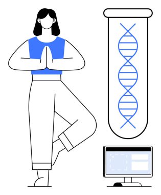 Yogadaki kadın dengesi DNA sarmalının yanında bir test tüpü ve dijital arayüzde duruyor. Sağlık, sağlık, bilim, biyoteknoloji, farkındalık, araştırma ve yenilik için idealdir. Basit düz metafor