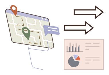 Konum iğneleri ve yolu olan harita, konuşma balonu, oklar ve veri tabloları. Navigasyon, lojistik, analitik, iletişim stratejisi takibi için ideal. Basit düz metafor