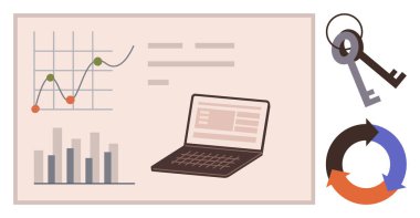 Satır ve bar çizelgeleriyle veri trendleri, dizüstü bilgisayar ekranı, anahtarlar ve sürekli bir döngü şeması. İş analizi, planlama, strateji, büyüme pazarlama iş akışı verimliliği için idealdir. Basit düz
