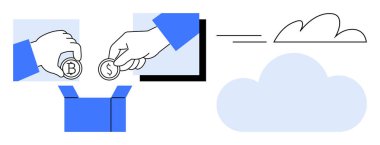 Eller işaretli paraları bir kutuya yerleştiriyor, bulut görüntülerine geçiyorlar. Yatırım, tasarruf, kitle fonlama, bulut teknolojisi, dijital finans, çevrimiçi hizmet yeniliği için ideal. Basit bir daire.