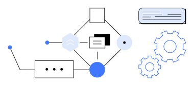 Geometrik elementler, birbirine bağlı çizgiler, belgeler ve vitesler akış sürecini vurgular. Otomasyon, sistem tasarımı, veri yönetimi, takım çalışması, yenilik problem çözme verimliliği için ideal