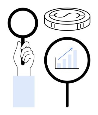 Yükselen grafiği incelemek için el ele tutuşan büyüteç madeni paranın yanında büyümeyi de sembolize ediyor. İş, yatırım, ekonomi, analitik, araştırma, başarı ve strateji için ideal. Basit düz