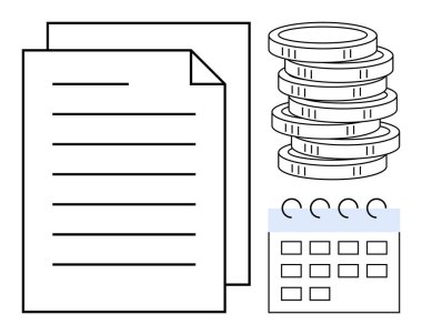 Belgeler ve takvimin yanına para yığını. Finans, bütçe, organizasyon, planlama, ödeme, teslim tarihleri, yatırımlar için ideal. Basit düz metafor için mükemmel.