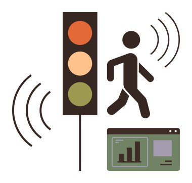 Yaya sembollü trafik sinyali, kablosuz sinyaller ve veri analiz paneli. Hareket kabiliyeti, güvenlik, otomasyon, akıllı şehirler, yenilik izleme teknolojisi için idealdir. Basit düz metafor