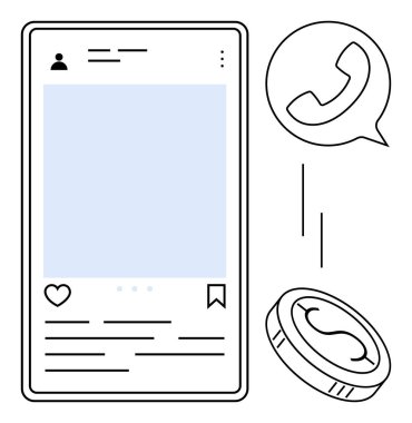 Sosyal medya paylaşımını gösteren akıllı telefon ekranı, telefon ikonlu mesaj balonu, bozuk para sembolü. İletişim, sosyal medya, çevrimiçi işlemler, ağ, teknoloji ve finans için ideal