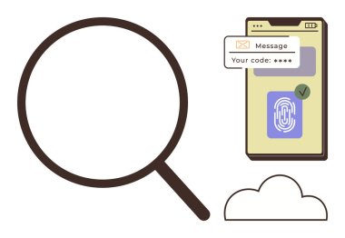 Büyüteç, biyometrik parmak izi taraması olan akıllı telefon, güvenli kod mesajı, bulut elementi. Siber güvenlik, kimlik doğrulama, dijital erişim, teknoloji, gizlilik için ideal
