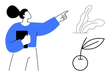 Elinde tablet tutan kadın, bitkiler ve kiraz ağacının yakınına çiziyor. Büyüme, yaratıcılık, yenilik, takım çalışması, liderlik, eğitim, sürdürülebilirlik, basit düz metafor