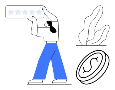 Bir insan, kaliteyi veya başarıyı simgeleyen beş yıldızlı bir eleştiriyi kaldırır. Yakınlarda bir dolar ve bir bitki var. Değerlendirmeler için ideal, finans, başarı, çevre dostu, büyüme, müşteri geri bildirimi basit