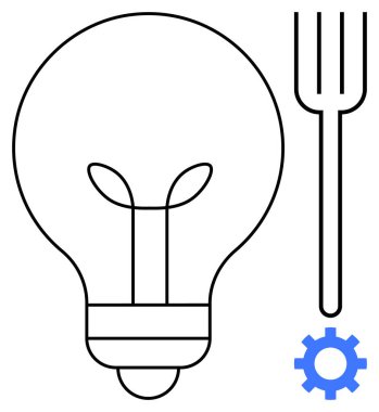 Çatal ve dişli ampul yenilik, araç-gereç ve problem çözme fikirlerini birleştiriyor. Yaratıcılık, yenilik, icat, teknoloji, tasarım düşünme, çözüm bulma ve beyin fırtınası için ideal