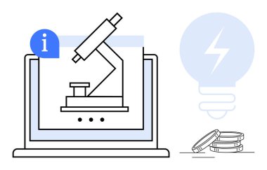 Bilgi baloncuklu mikroskop, fikirleri temsil eden ampul simgesi ve finans için birikmiş paralar. Araştırma, teknoloji, yenilik, eğitim, yaratıcılık ve girişim için ideal