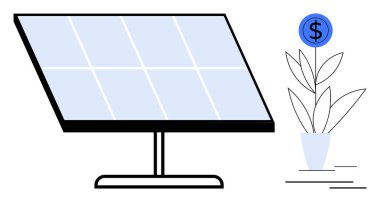 Güneş paneli para yetiştiren bir saksı bitkisiyle birleşince yenilenebilir enerji, çevre dostu, sürdürülebilirlik, yeşil yatırımlar, finansal büyüme, teknoloji ve basit düz bir metaforu sembolize eder.